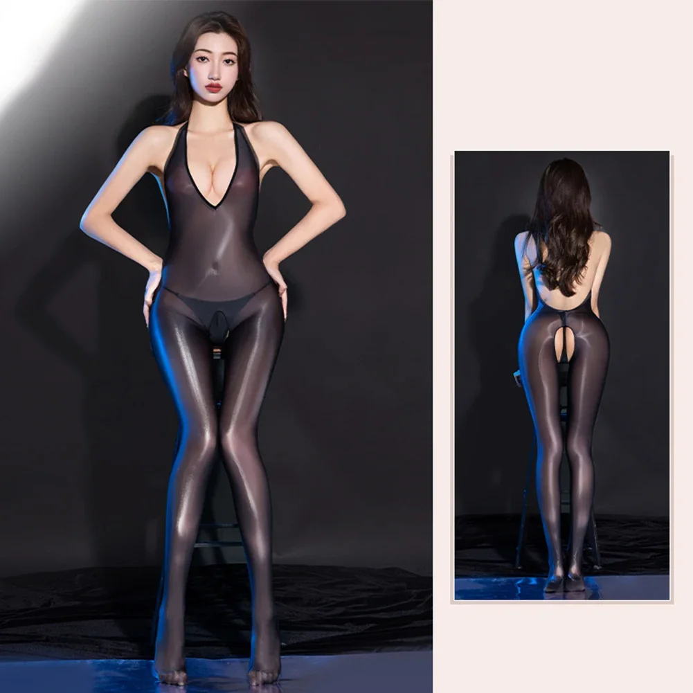

Women Oil Shiny Jumpsuit Glossy Pantyhose Bodysuit Body Stockings Ultra-thin Transparent Lingerie Sheer Breathable Underwear
