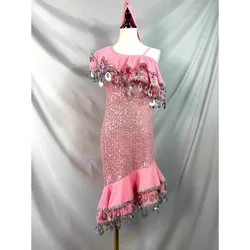 Melaya Dress Belly Dance Performance Costume Custom Adult Children Pink Sequined Oriental Competiton Clothing Melaya Skirts