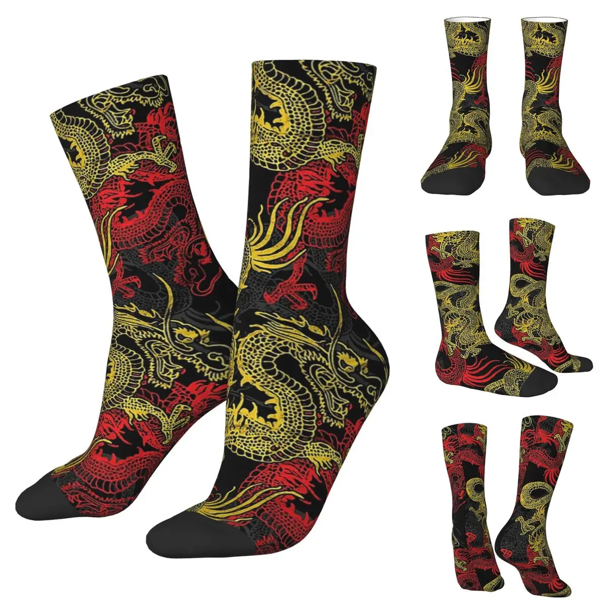 Chaussettes à col rond pour hommes et femmes, motif de dragon doré, bas de cyclisme, style chinois, nouveauté, printemps, été, automne, hiver, cadeau