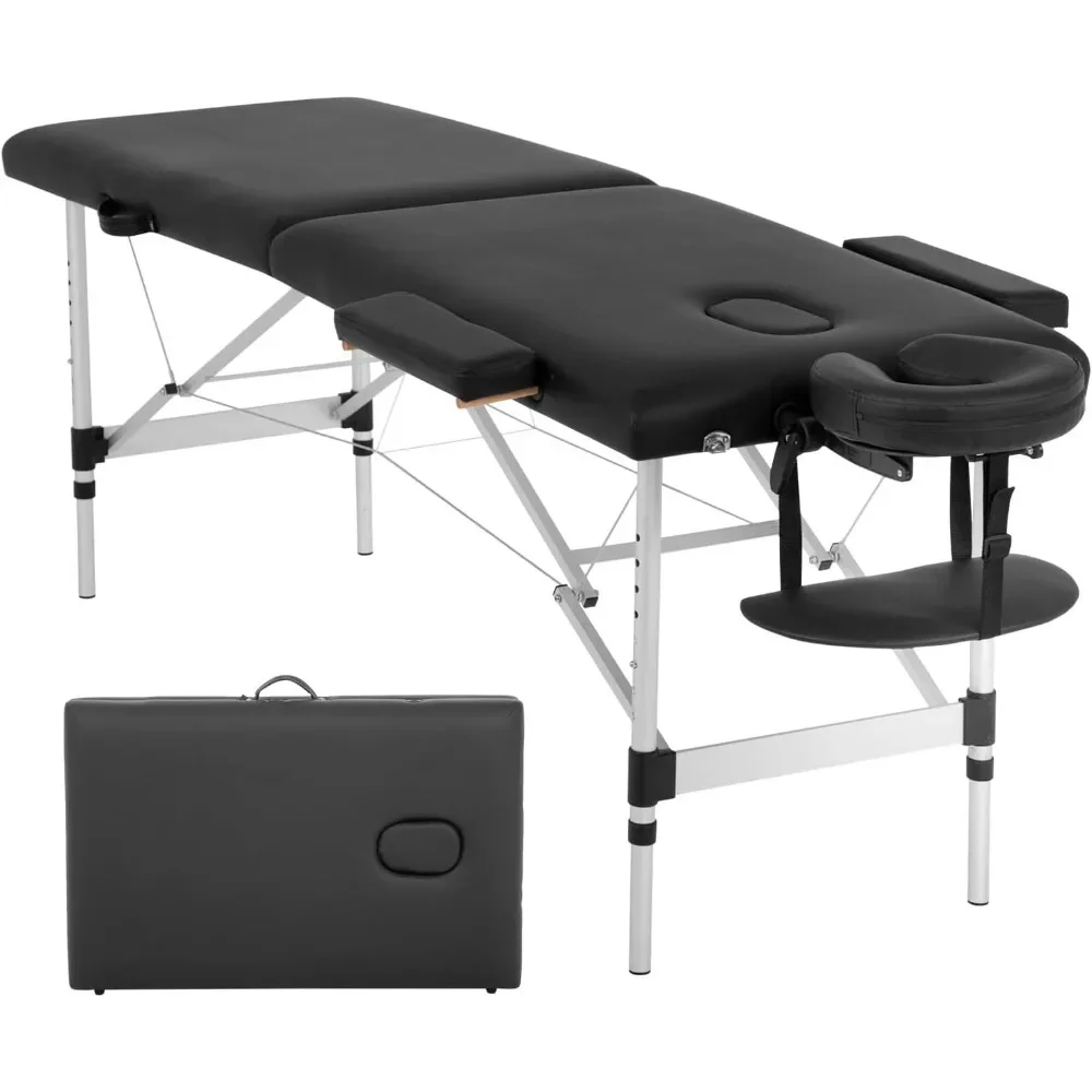 Aluminum Massage Table Portable Massage Bed Height Adjustable Spa Bed 2 Fold Facial Tattoo Salon Bed W/Face Cradle Carry Case