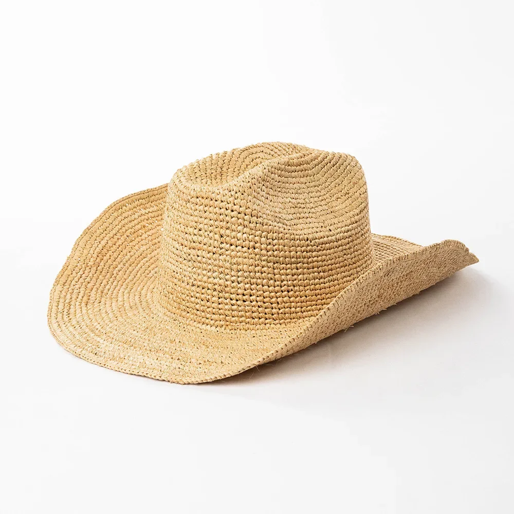 Unisex Hand-crocheted Natural Raffia Straw Cowboy Hat Summer Wide Brim Breathable Sun Hat for Outdoor Beach Travel Holiday 4