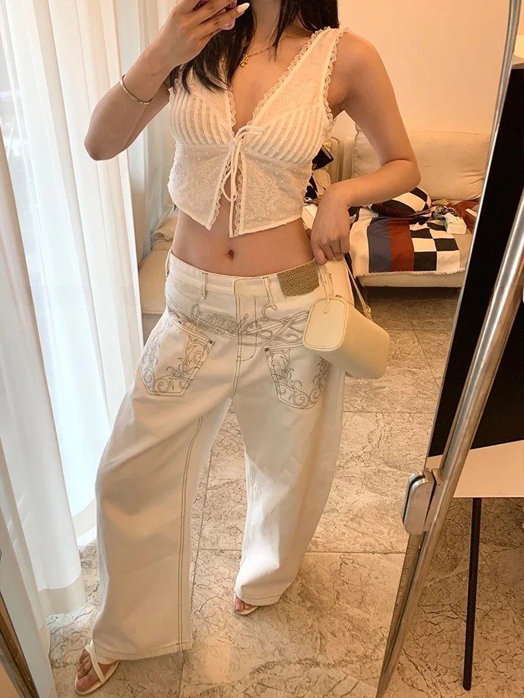 American High Street Design Printed Distred Wide Leg Jeans Women's Sexy Knife  Pants High Waist Long Trousers