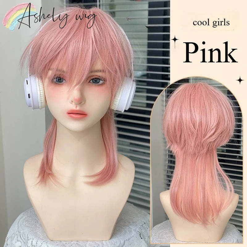 

Ashely Pink Wig with Bangs Shoulder Straight 14inch Synthetic Wigs for Women High Temperature Fibers Headband Hair Wig 가발