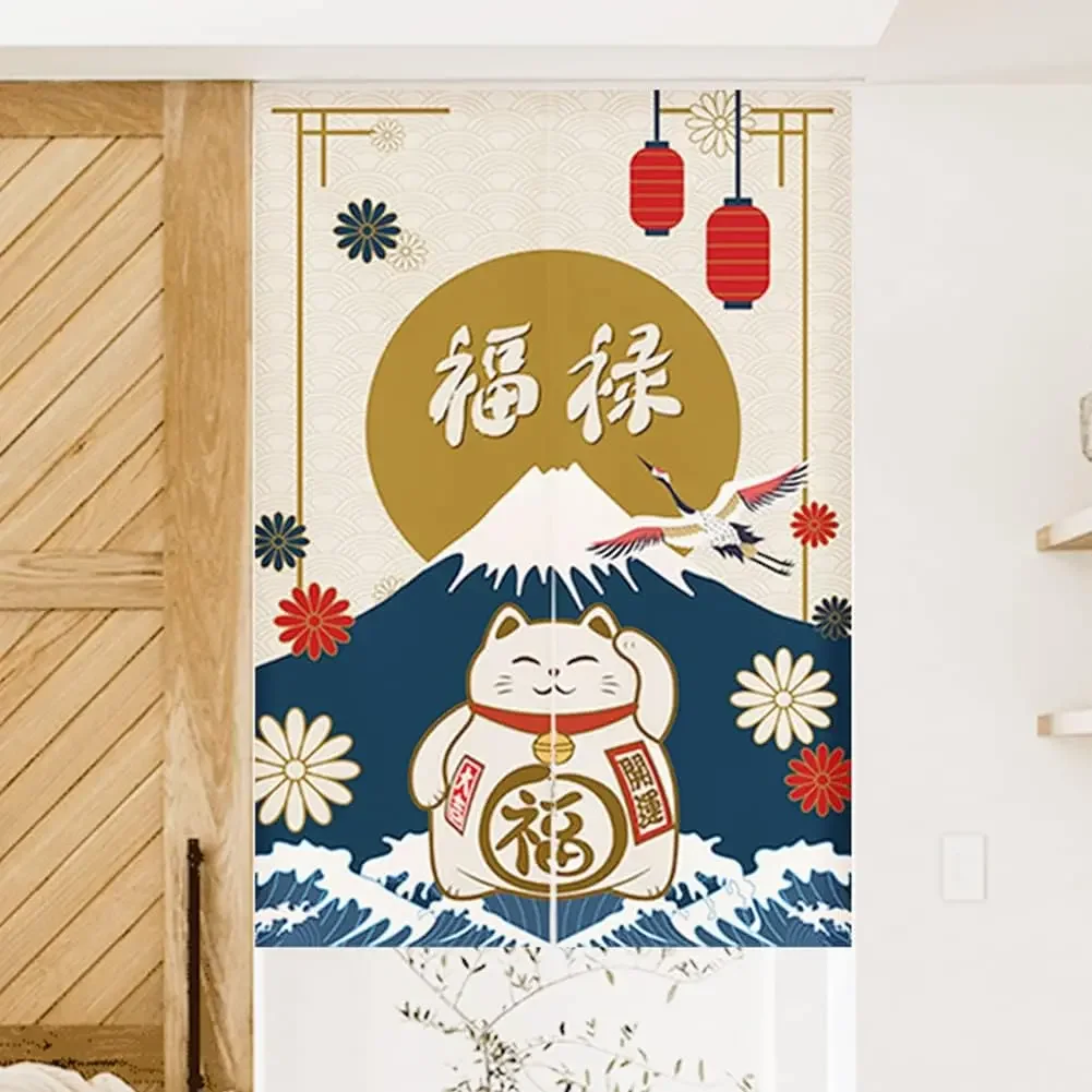 Japanese Lucky Maneki Neko Door Curtain, Navy Background Fortune Cat, Mount Fuji & Crane Print,Oriental Auspicious Decor Divider