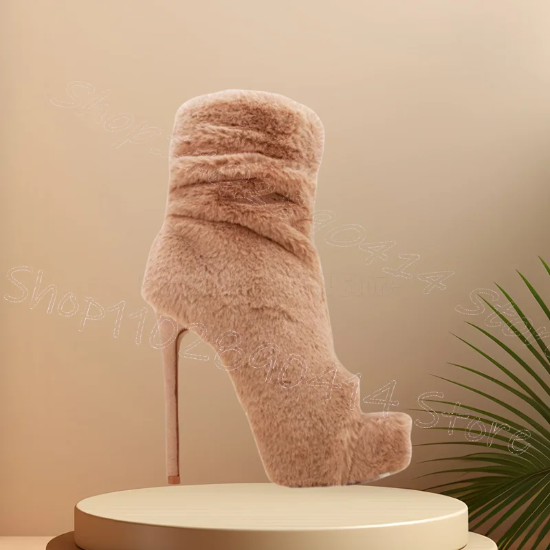 

Brown Fur Design Open Toe Winter Boots Side Zipper Women Shoes Thin High Heels New Party Banquet Dating 2026 Zapatos Para Mujere