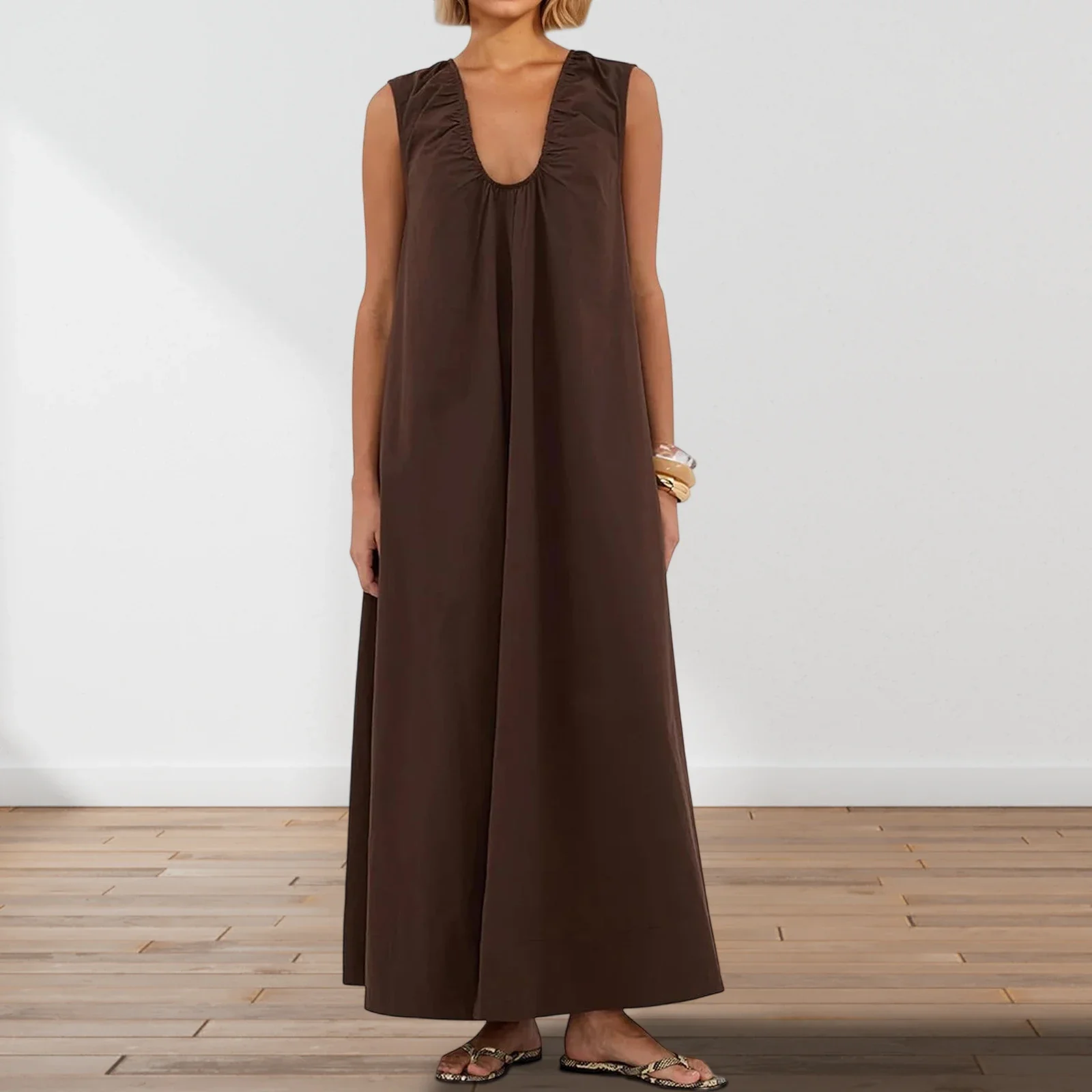 Nowa Modna Damska Letnia Długa Sukienka na Ramiączkach, Jednolity Kolor, Bez Rękawów, Dekolt Okrągły, Marszczenia, Szerokie Ramiona, Luźna Sukienka