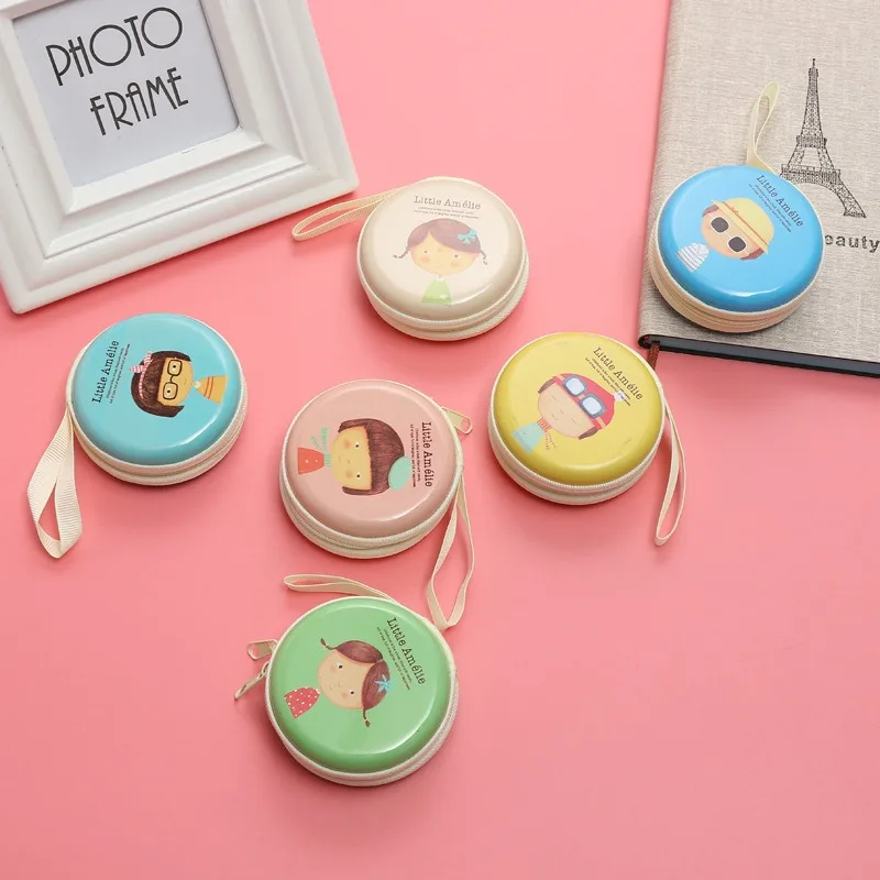 Coin Purses Cartoon Pattern Mini Tinplate Cute Round Shaped Korean Style Key Storage Bag Ring Zipper Earphone Kid Gift