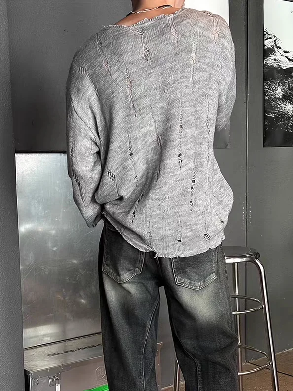 Laid-back Style Men's Knitted Long Sleeve T-shirt Hollow out Ripped U-neck Casual Loose Fit American Style Breathable Youthful