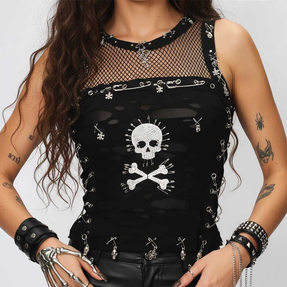 Women's Y2K Gothic Cross Crop Top Emo Grunge Punk Tank Egirl 90s Style Alternative Black Cloth Sexy Goth ALT T-Shirt Party Wear
