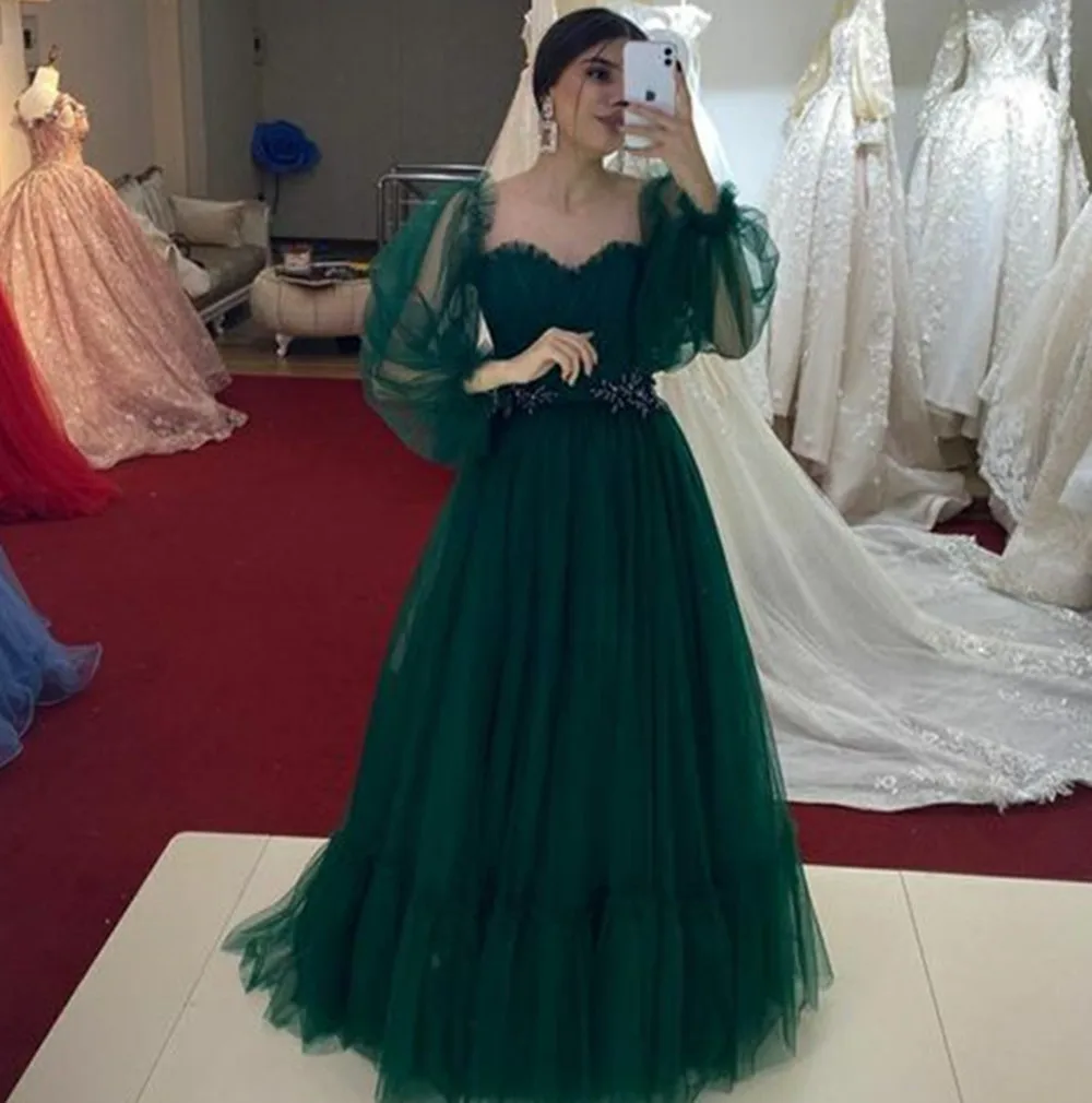 Amber Lente Emerald Green Prom Dresses Sweetheart Hals Puffy Lange Mouwen Fee Tule Formele Avondjurken Night Party فساتين ح