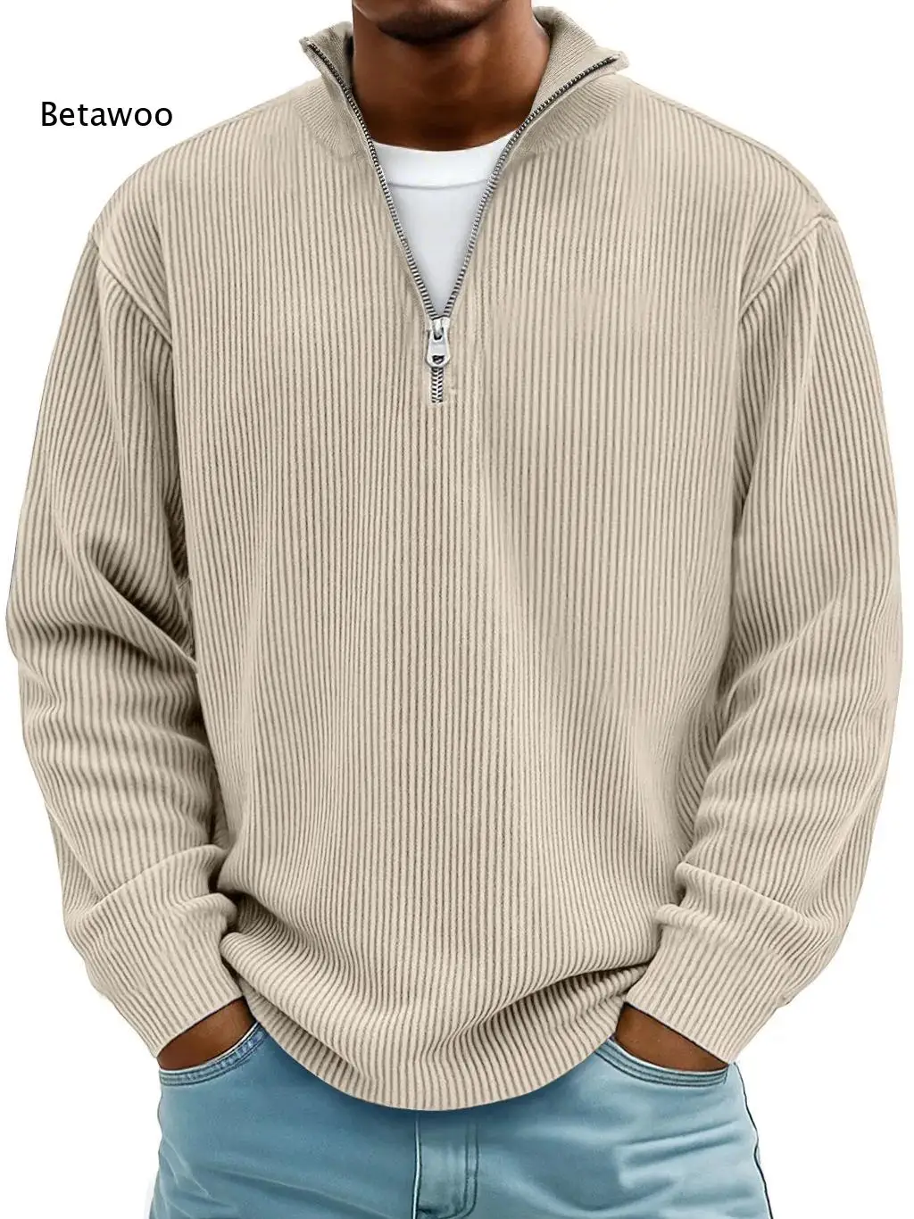 Men Warm Soft Ribbed Knit Half Zip Jumper Stand Collar Long Sleeve Loose Pullover For Daily Leisure And Weekend Outfit
