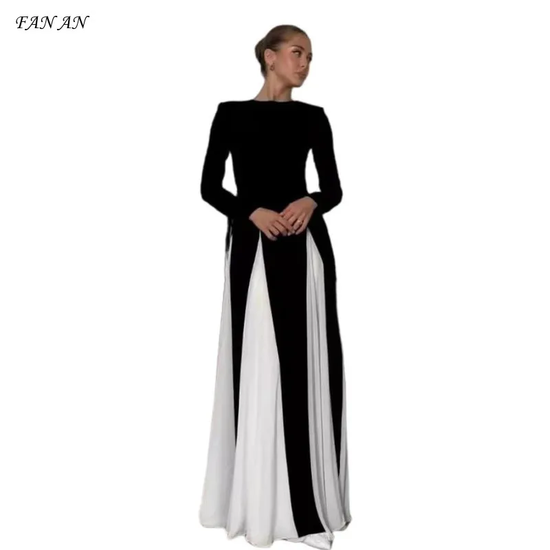 Autumn Fashion Contrasting Round Neck Slim Fit Black  White Patchwork Women\'s Dress Formal Dress Evening Club Robe Long Skirts