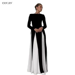 Autumn Fashion Contrasting Round Neck Slim Fit Black  White Patchwork Women's Dress Formal Dress Evening Club Robe Long Skirts