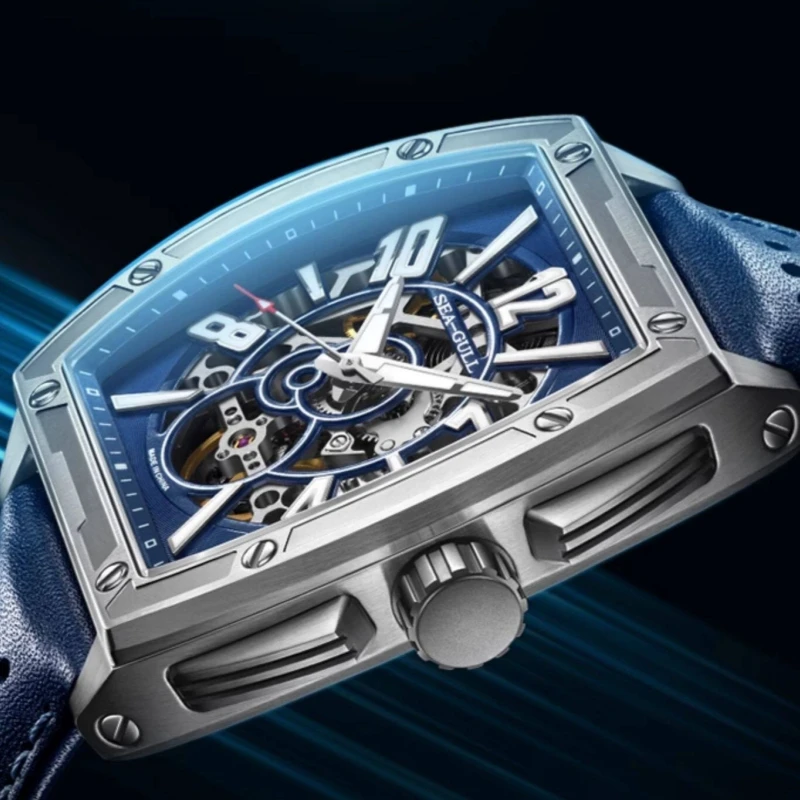 Seagull Men's Watches 42mm Automatic Watch Fully Skeleton Luminous Mechanical Clock Sapphire Luxury Wristwatch Tonneau Case 6138