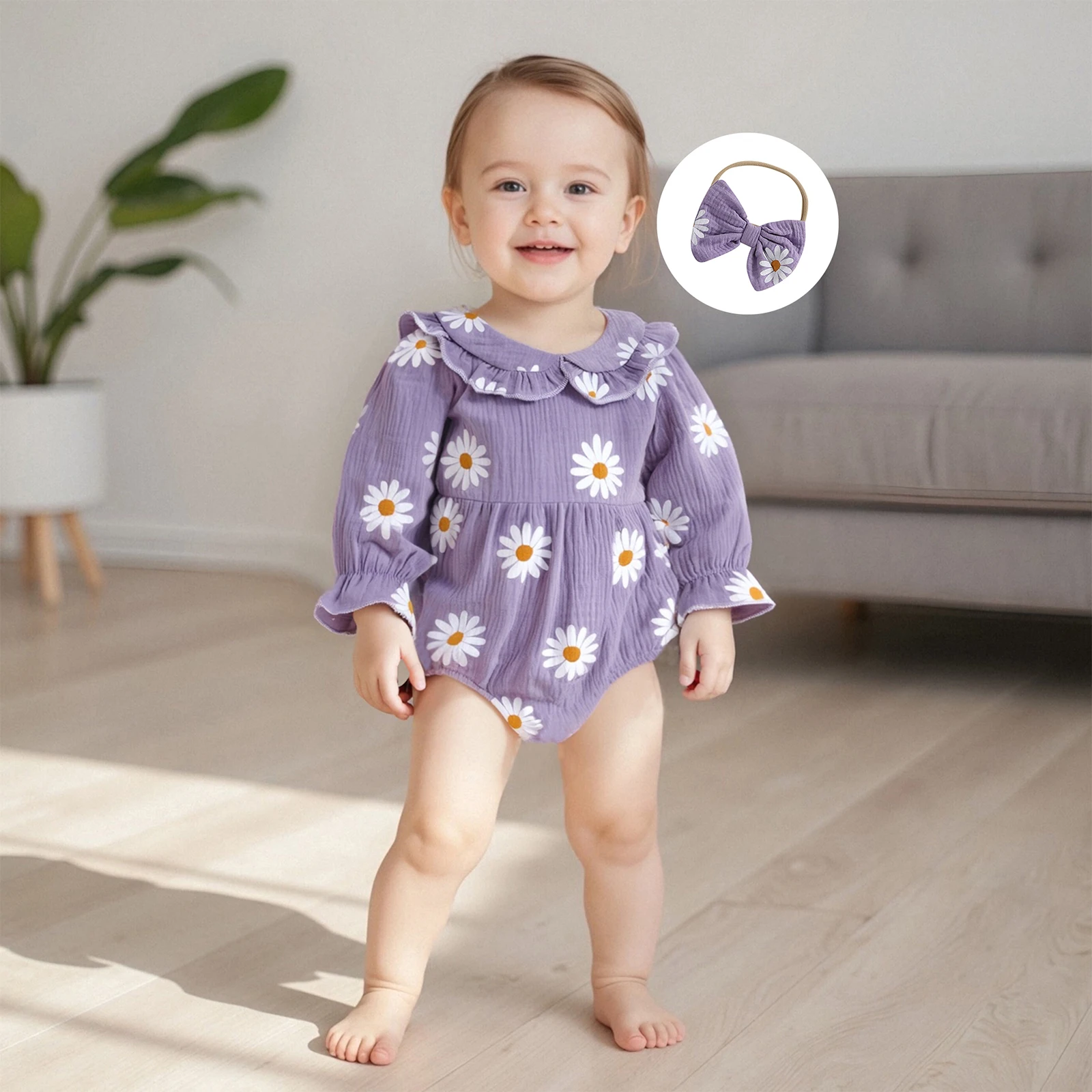 

Infant Baby Girls Daisy Print Long Sleeve Doll Collar Ruffled Romper Jumpsuit Headband Autumn Outfits Newborn Clothes