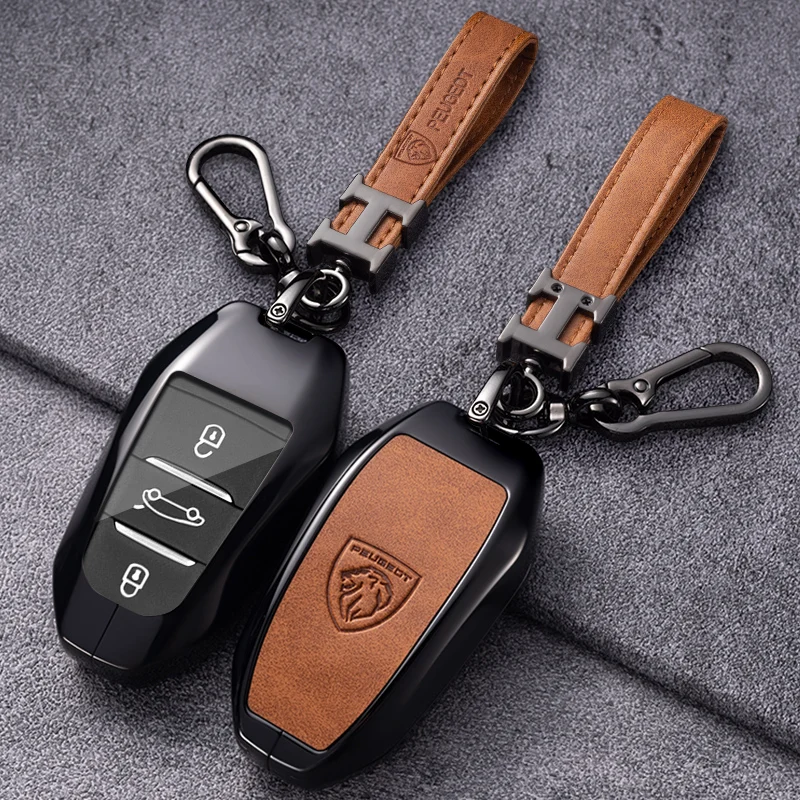 Zine Alloy Leather Car Smart Remote Key Case Full Cover Shell For Peugeot 308 408 508 2008 3008 4008 5008 Protection Accessories
