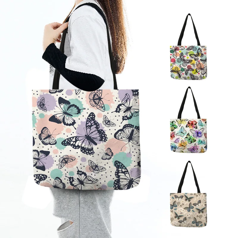 Retro Butterfly Digital Printing Shoulder Bag Women Lady Fashion Design Tote Shopping Bag Grocery Travel Daily