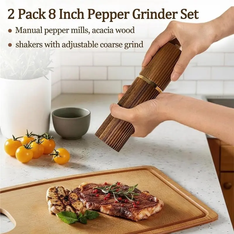 ABGH-Salt And Pepper Grinder Set-2 Pack Wooden Refillable Manual Mill With Adjustable Core