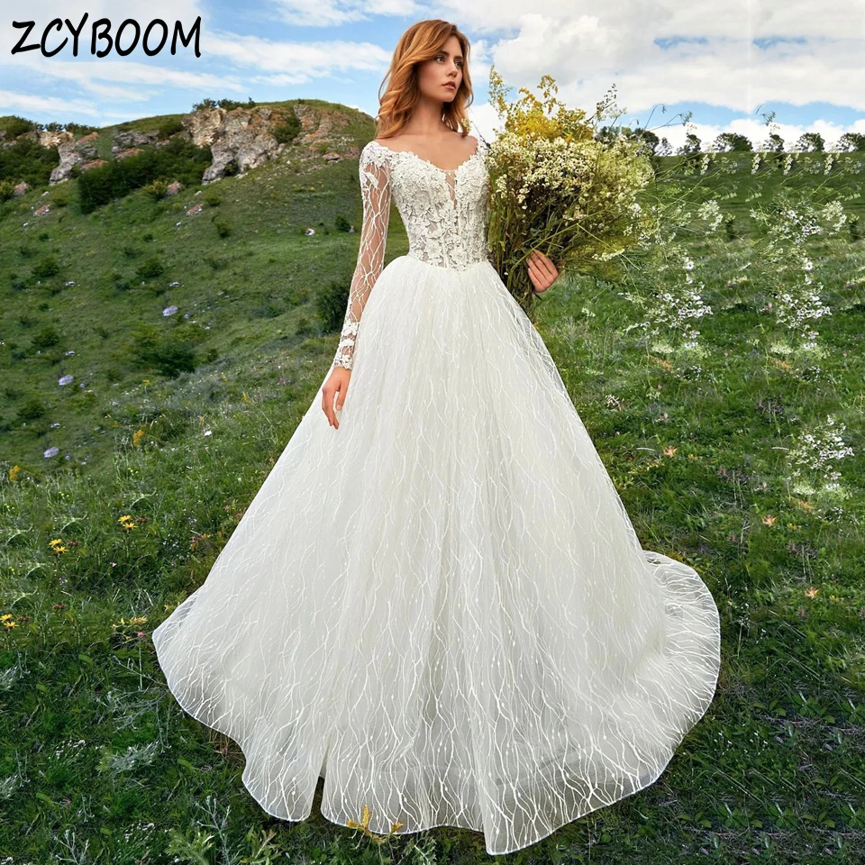 

Elegant White V-Neck Beaded Appliques Long Sleeves Wedding Dress 2024 A-Line Floor Length Sweep Train Zipper Bridal Gown