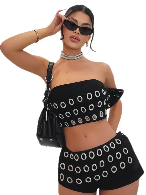 

Punk Sle Hollow out One oulder Top And ort Pants Sexy Gothic Women's Faion Two Piece Set Casual Sportswear