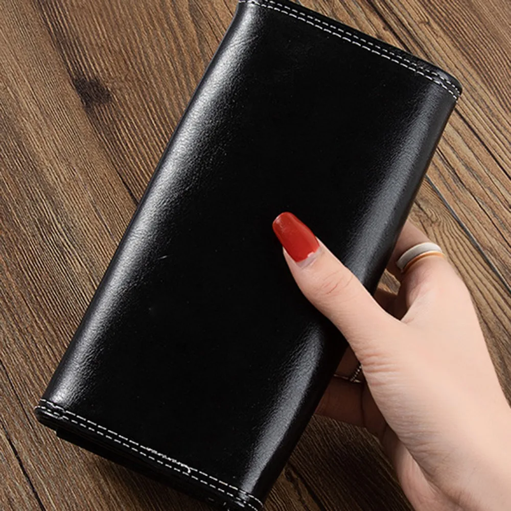 

Waterproof RFID Blocking Folding Wallet Oil Wax Leather PU Leather Woman Long Purse Lightweight Multiple Card Slots