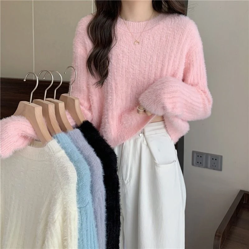 Cozy Women Fuzzy Knit Sweater Faux Mink Cropped Pullover Ribbed Long Sleeve Pink Multi Color Soft Autumn Winter Top