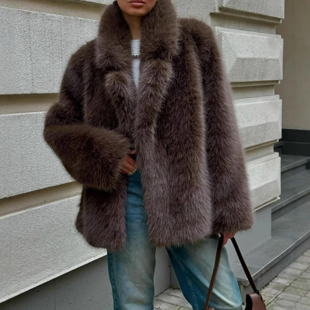 

2025 Autumn Winter Faux Fox Fur Coats Women Solid Mid Length Jackets Lapel Collar Long Sleeve Furry Outerwear Thick Loose Casual