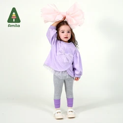 Amila Baby Set 2025 Spring New Solid Color Bow Solid Loose Sweatshirt Leggings Casual Soft Children's Two-Piece Set