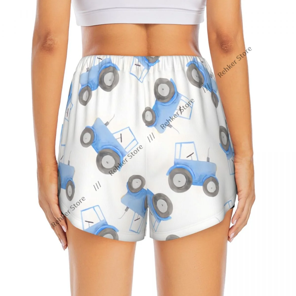 Shorts esportivos femininos ilustração de trator azul corrida yoga fitness treinamento de badminton de secagem rápida com bolso