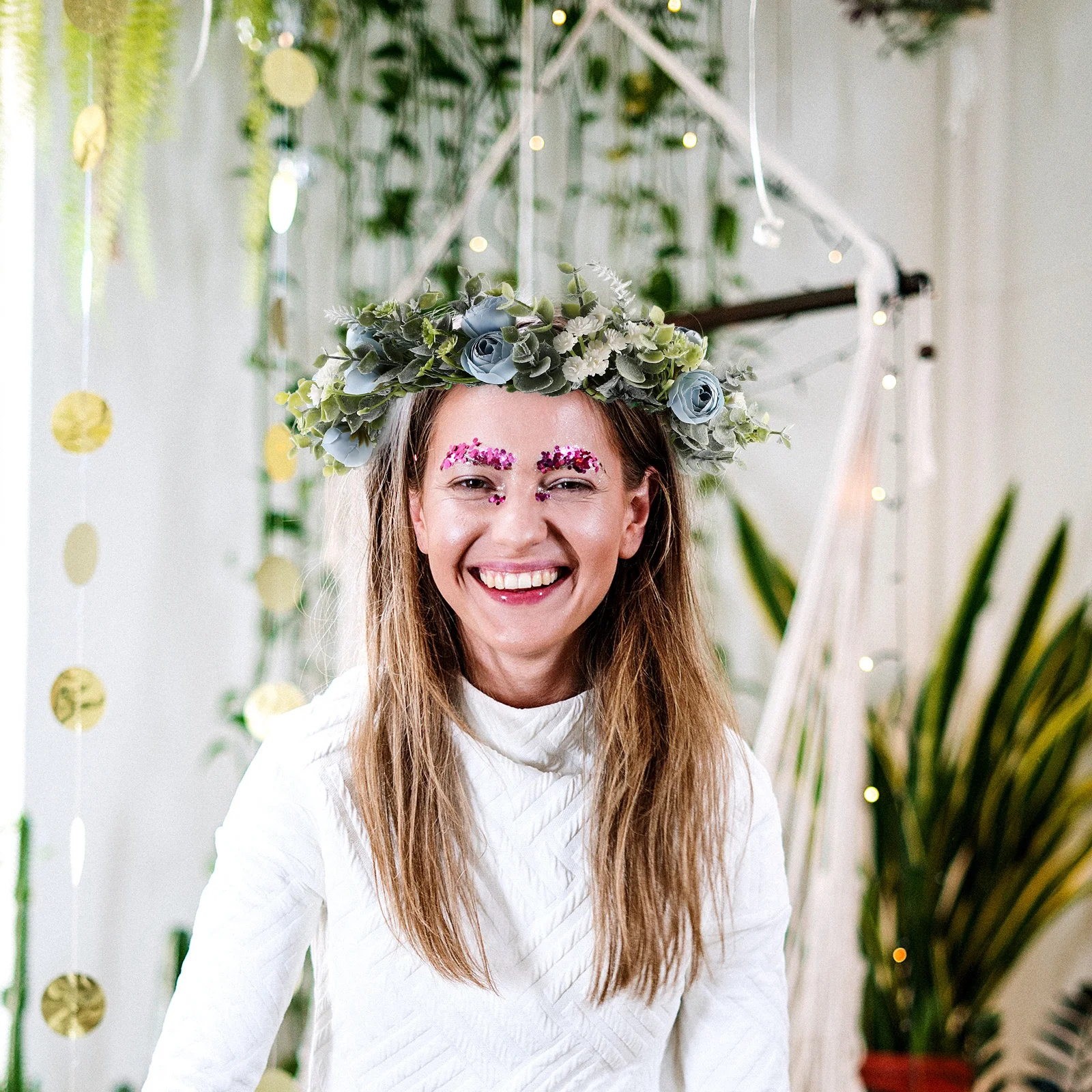 

1Pcs Blue Cloth Bridal Flower Wreath Hair Hoop Handmade Lightweight Comfortable Headband for Wedding Party Stage Carnival