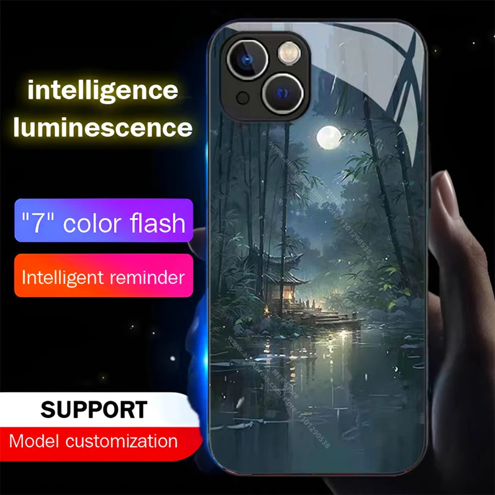 

Old Moonlit Night Luminous Phone Case LED Light Glass Shockproof Cover For iPhone 16 E 15 14 13 12 11 Pro Max XR XS Plus