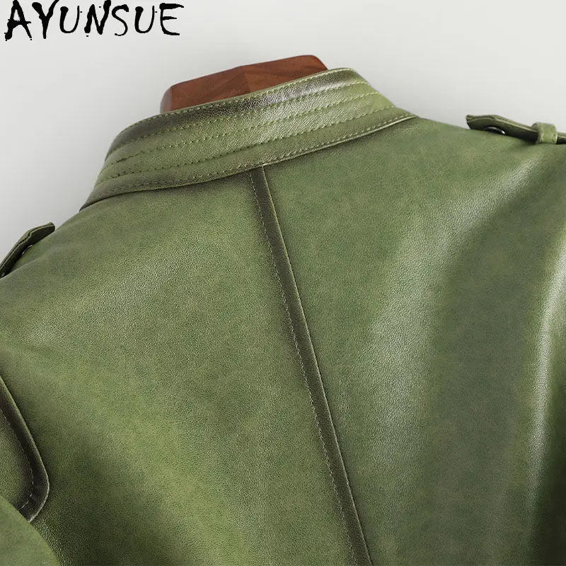 AYUNSUE Kurtka damska ze skóry owczej licowej, odzież damska 2025, kurtki motocyklowe, dopasowany krój, wiosenno-jesienny płaszcz damski, elegancki