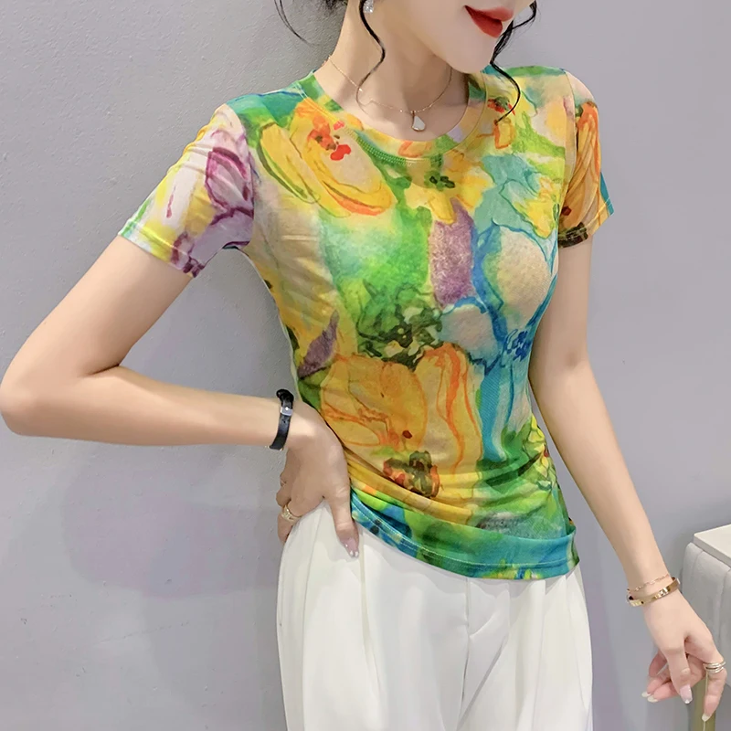 S-3XL Summer Short Sleeve Tee T-shirt Girls Stretchy Printed Sweet Mesh TShirts Tops Women Floral Clothing