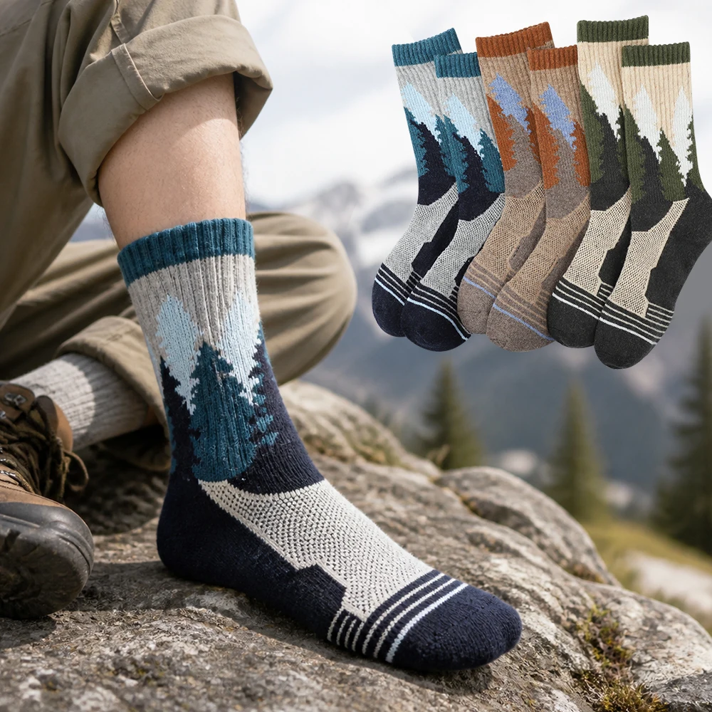 3 Pairs Men Wool Hiking Socks Christmas Tree Pattern Thick Terry Thermal Warm High Elastic Crew Outdoor Trekking Sports Socks