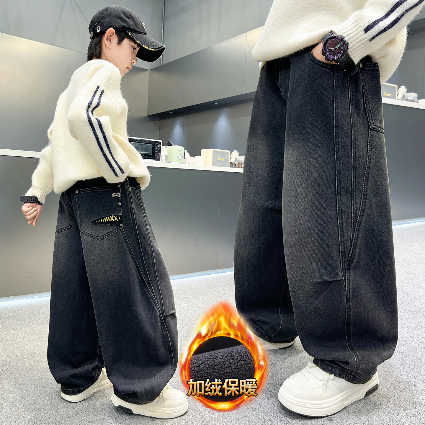 

New Boys Denim Pants Solid Elastic Wiast Trousers Children Jeans Loose Wide-leg Pants Teenager Insulated Straight Trousers 4-14Y