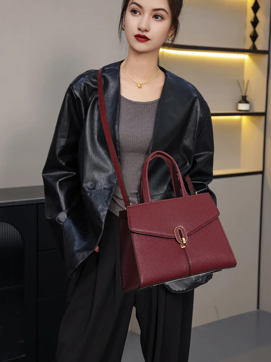  ,  Genuine Leather Wine Red Medium Top Handle Handbag Daily Use 2026 New Minimalist