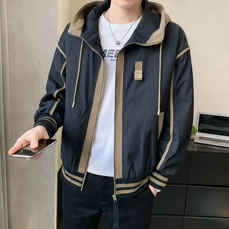 Spring Autumn Jackets Men Patchwork Zip Up Cargo Jacket Loose Casual Long Sleeve Hooded Tops Black White Green Men Clothing New