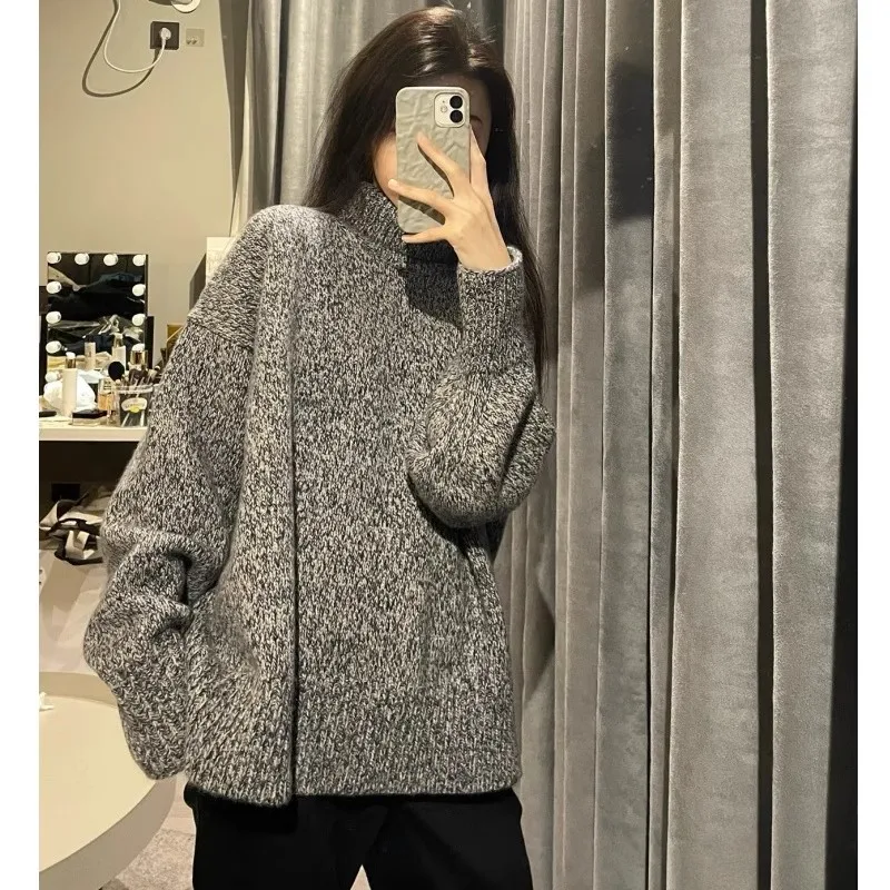高級グレーのハイネック100％ピュアカシミヤセーター、女性用ルーズセーター、秋冬用ウールニットセーター