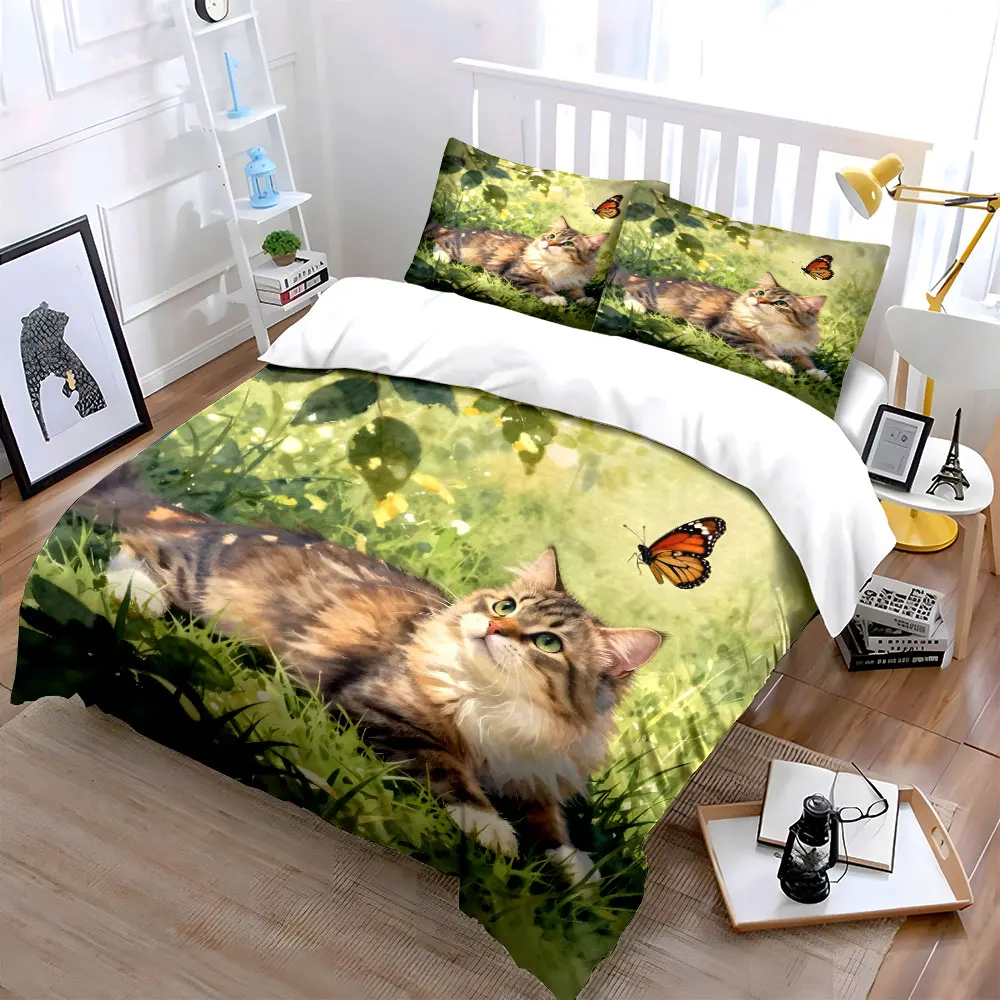 Cat and butterfly in grass Printed Duvet Cover Set 1 Duvet Cover+2 Pillowcase Multi Size Bedroom Bedding Decor Luxury gifts