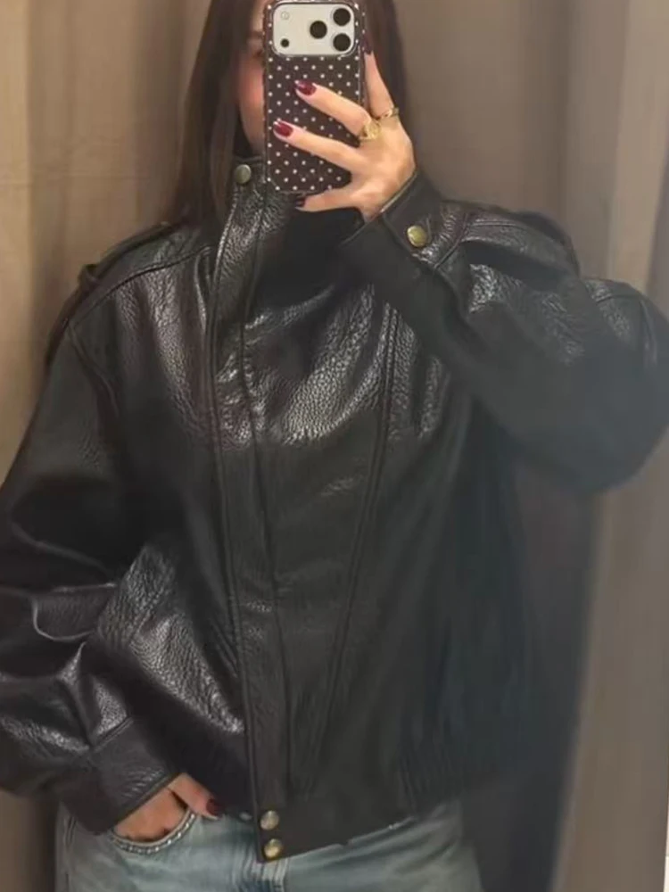 2026 Women Faux Leather Jacket Stand Collar Zip Up Vintage Loose Fit Lapel Short Coat Casual Autumn Winter Female Outerwear