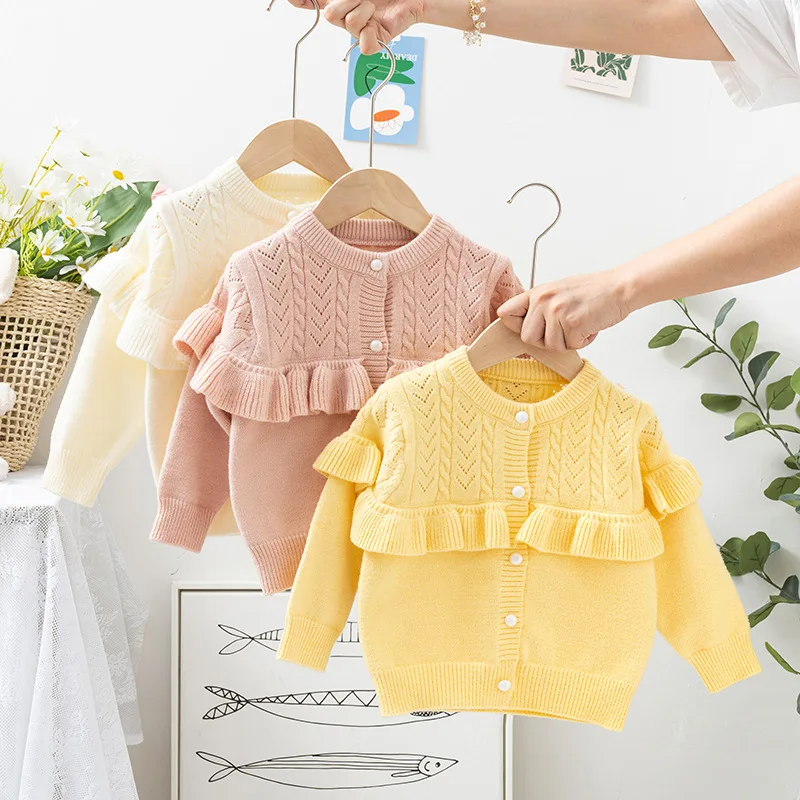 

Ruffles Girls' Sweater 2025 New Girls Cardigan Kids Baby's Spring Autumn Jackets Round Neck Children's Knitted Top Coats IY07162