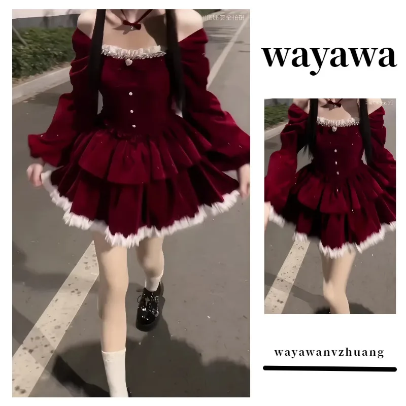 

Bow Velvet Dresses Wine Red Long Sleeve A-Line Mini Dresses Elegant Puff Skirt For New Year Party Women Cute Bow Dresses New