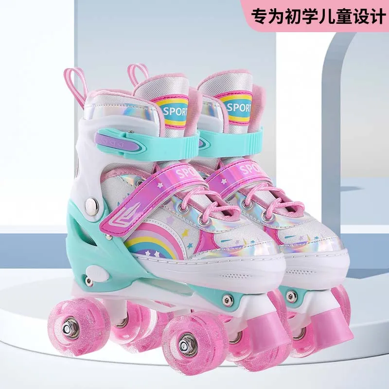 Boys Girls Kids Skates Children Roller Skates Skating Shoes PU Flashing 4 Wheels Roller Skates Sliding Adjustable Quad Sneakers