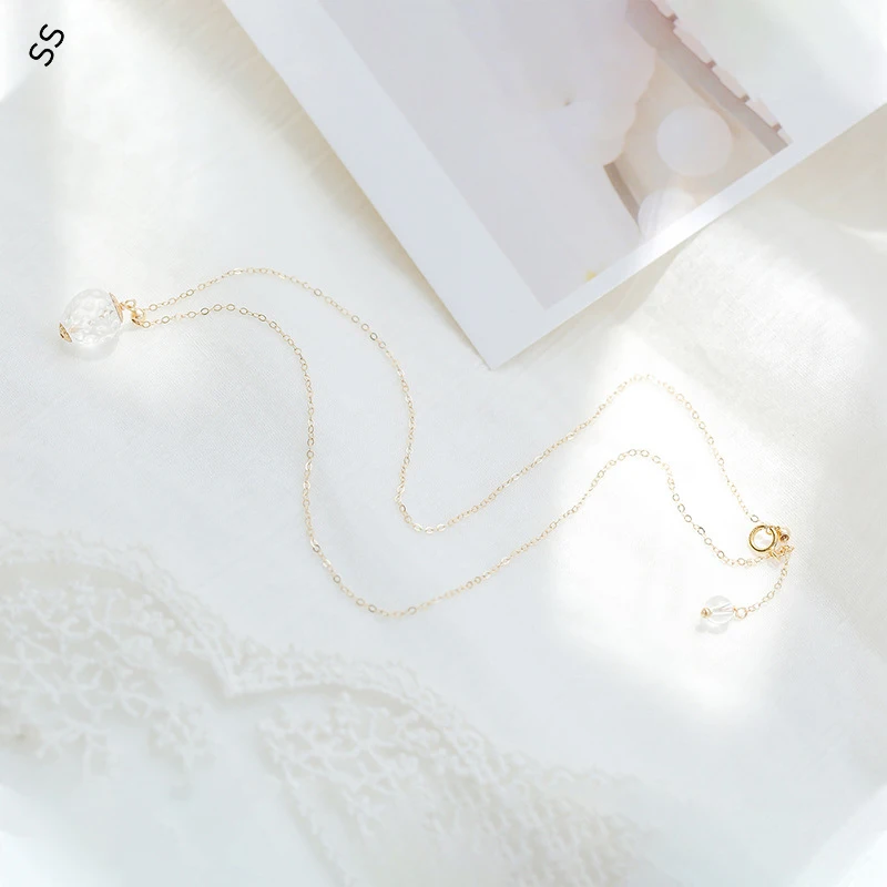 14K Gold-filled O Shape Chain 45CM with White Crystal Beads Pendant for Autumn/Winter Sweater Garment Accessories of Women/Men