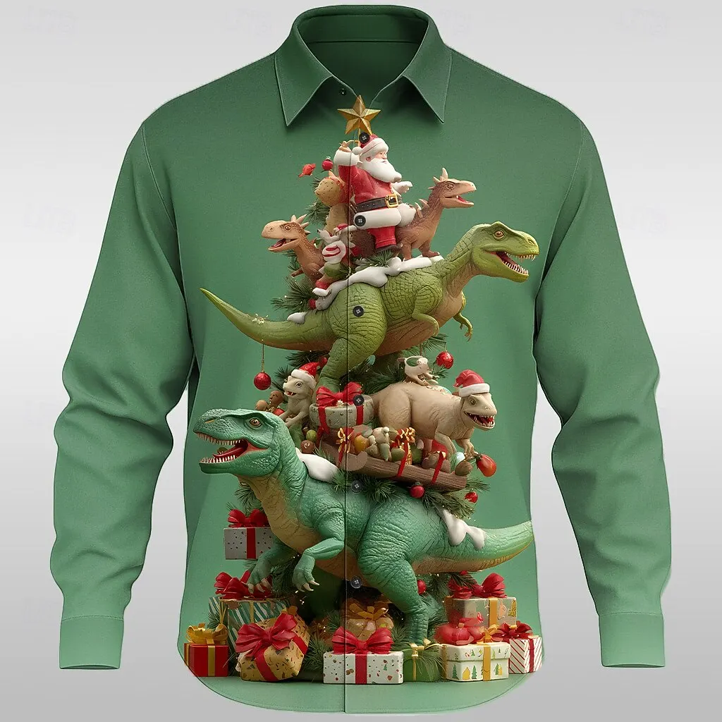 Christmas Men's Santa Claus Dinosaur Christmas Tree Button-Down Shirt Long Sleeve Funny Holiday Autumn 3D Printed Men's clothing