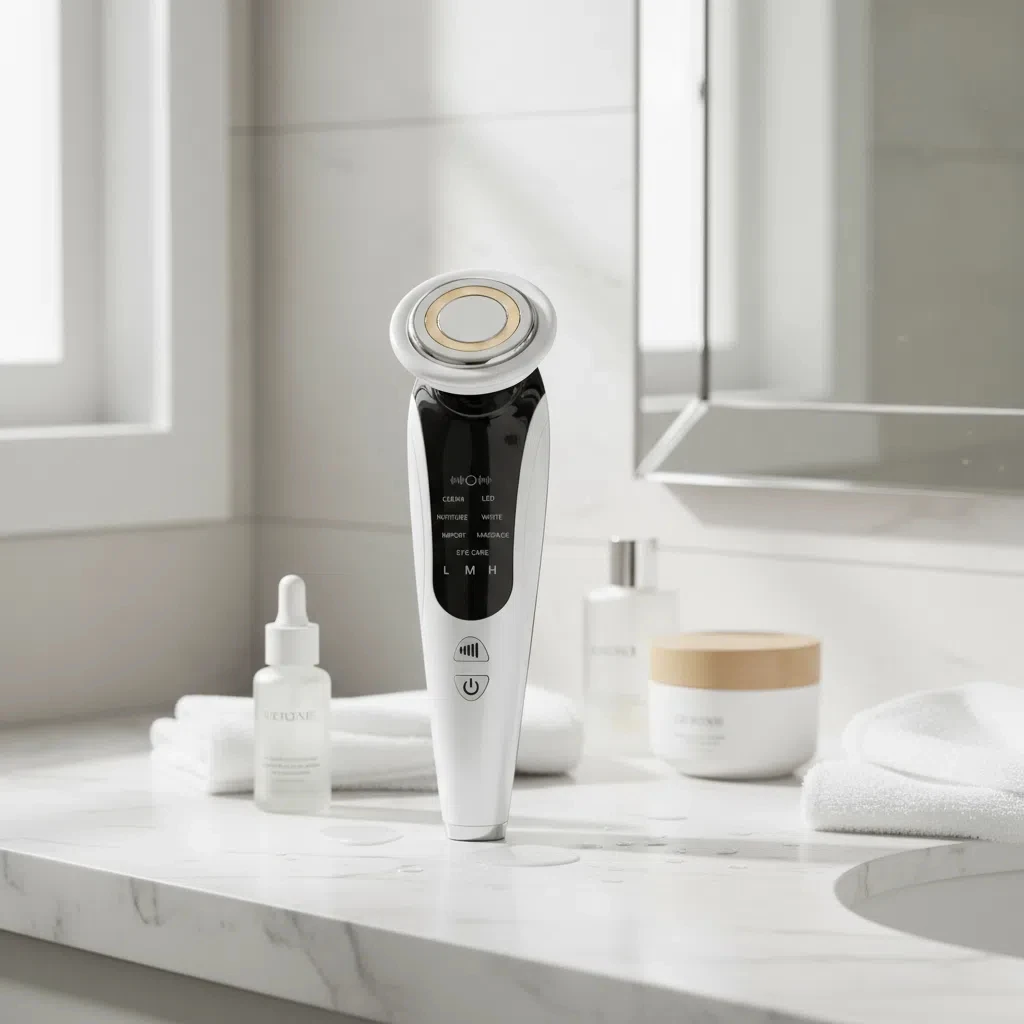 EMS Gezichtsmassager Gezichtsschoonheidsinstrument met geïnduceerde trillingen en warm kompres Gezichtsverzorgingstool 7-in-1 LED-lichttherapie