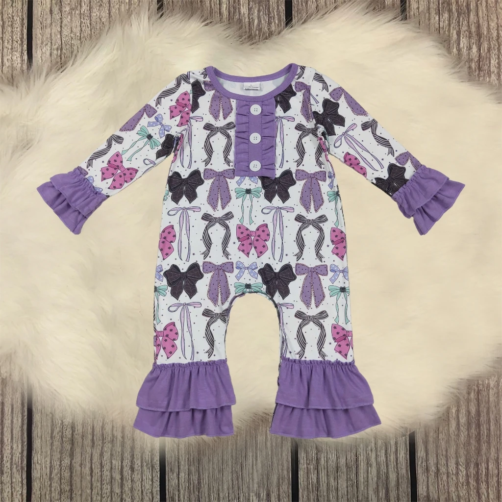

Children Newborn Halloween Bows Buttons Romper Baby Girl Infant Long Sleeves Fall Kids Toddler Purple Ruffle Jumpsuit Wholesale