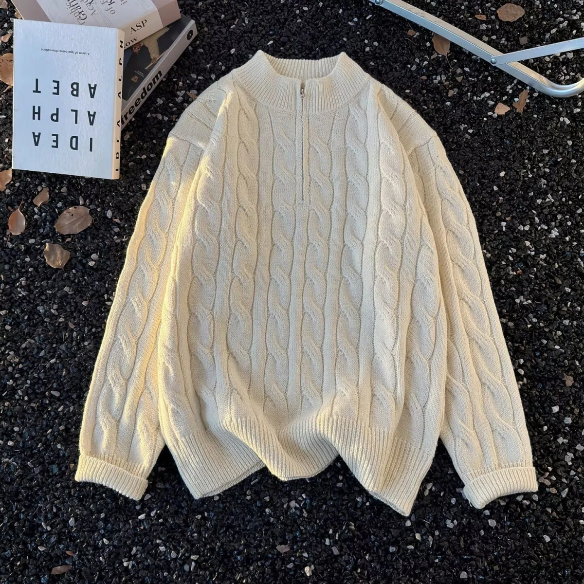 

Свободный крой и мужской свитер на молнии, зимний повседневный вязаный свитер с воротником-стойкой Lazy Sle из полиэстера и волокна Long Sve