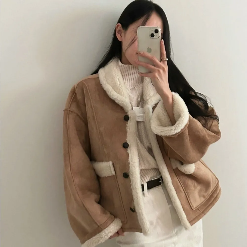 

Женское шикарное замшевое пальто с воротником из овечьего меха в стиле ретро, двустороннее пальто, нежное зимнее пальто Long Sve High Co...