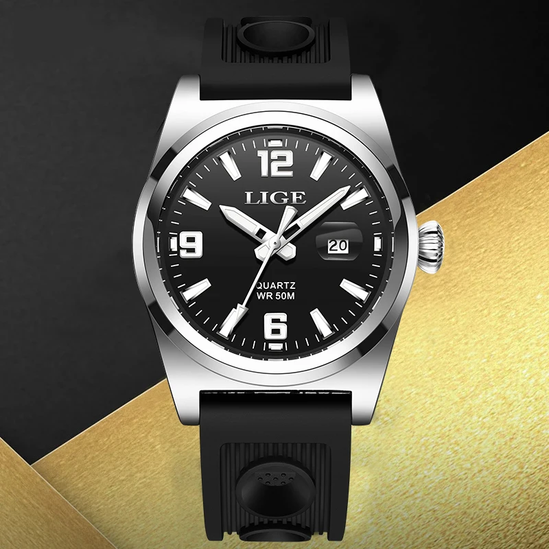 LIGE Luxury Man Watch High Quality Waterproof Auto Date Luminous Men's Wristwatch Silicone Strap Quartz Watches Casual Clock+Box